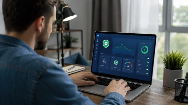 Utilisateur analysant la sécurité de son ordinateur avec un antivirus gratuit et un tableau de bord de protection