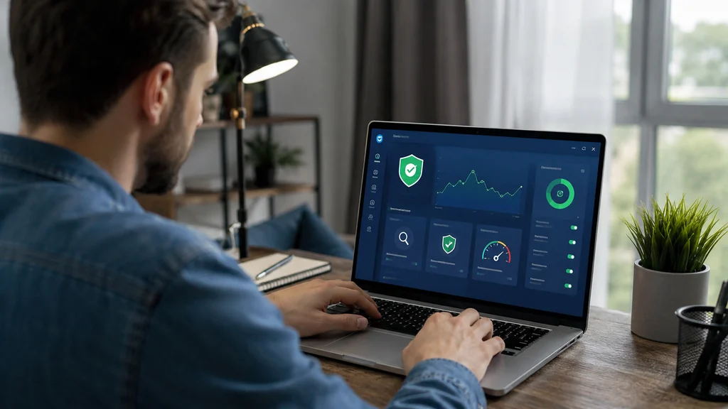 Utilisateur analysant la sécurité de son ordinateur avec un antivirus gratuit et un tableau de bord de protection