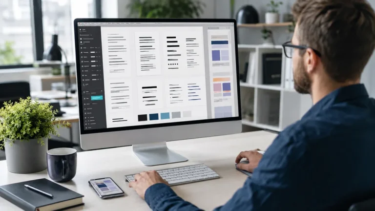 Designer choisissant une police d’écriture sur ordinateur avec aperçu typographique et interface de création graphique