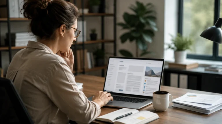 Rédactrice préparant un contenu éditorial de qualité pour une stratégie de visibilité web