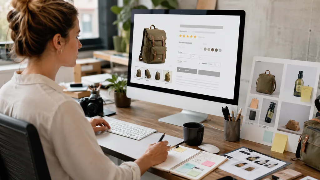 Personne optimisant une fiche produit SEO sur un site e-commerce avec visuels produit, avis clients et informations d’achat