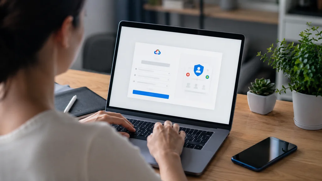 Personne créant une nouvelle adresse Gmail sur un ordinateur portable avec un écran d’inscription sécurisé