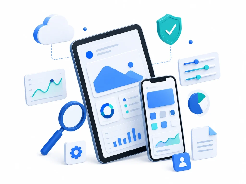 Illustration d’une interface numérique moderne avec tablette, smartphone, graphiques et outils web