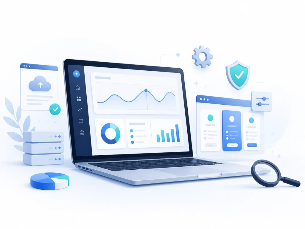 Illustration d’un tableau de bord numérique avec ordinateur portable, graphiques et outils web