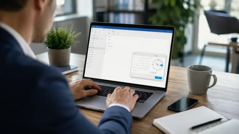 Personne programmant l’envoi différé d’un e-mail Outlook avec calendrier et choix d’horaire sur ordinateur
