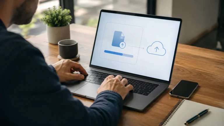 Personne envoyant un fichier lourd en ligne depuis un ordinateur portable avec une interface de transfert cloud