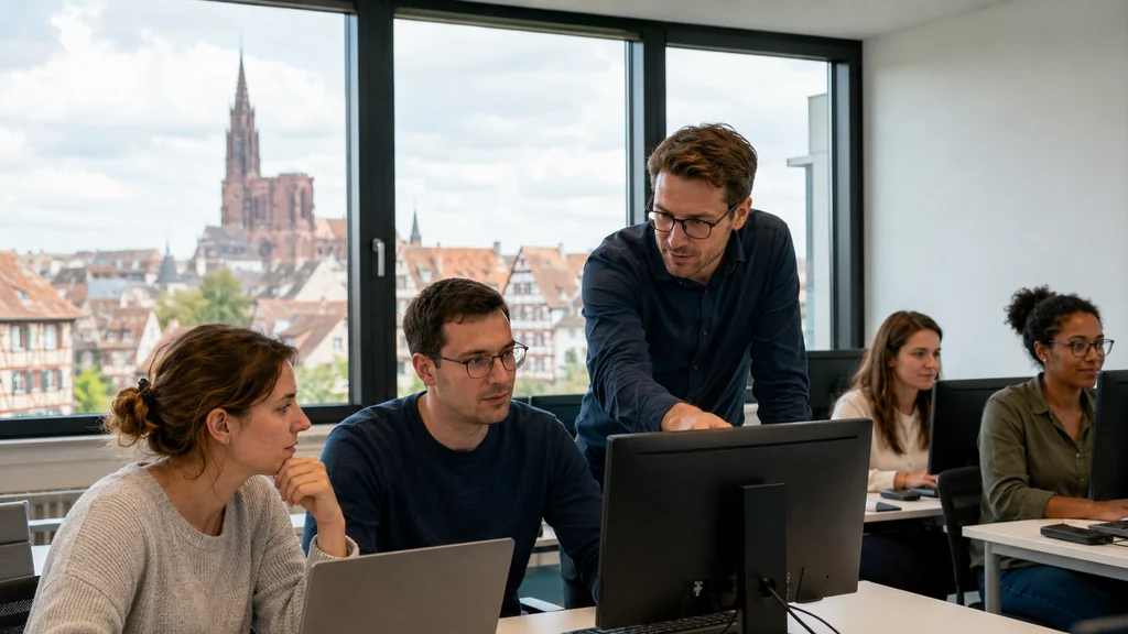 Formateur accompagnant des apprenants lors d’une formation informatique en Alsace dans une salle moderne