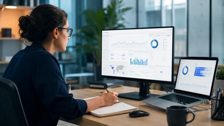 Professionnelle analysant les performances d’un site web pendant une formation web analytics