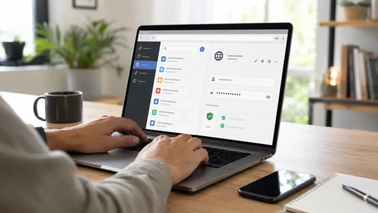 Personne utilisant le gestionnaire de mots de passe Firefox avec identifiants sécurisés et protection des comptes en ligne
