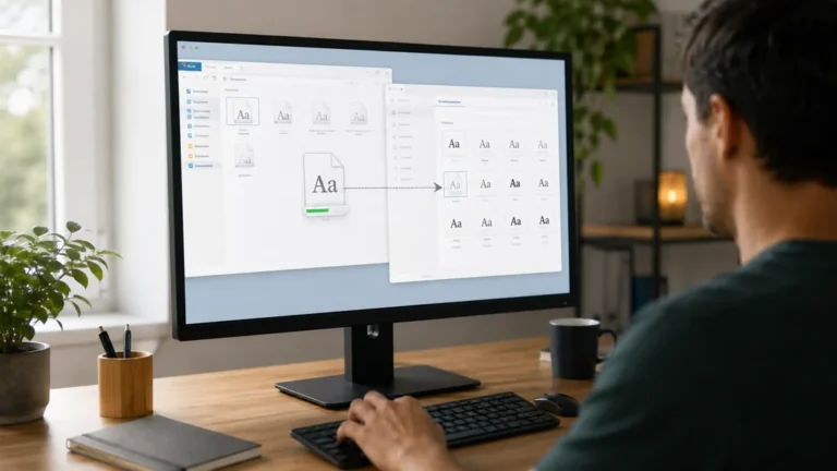 Utilisateur installant une nouvelle police d’écriture sur Windows depuis un ordinateur de bureau moderne