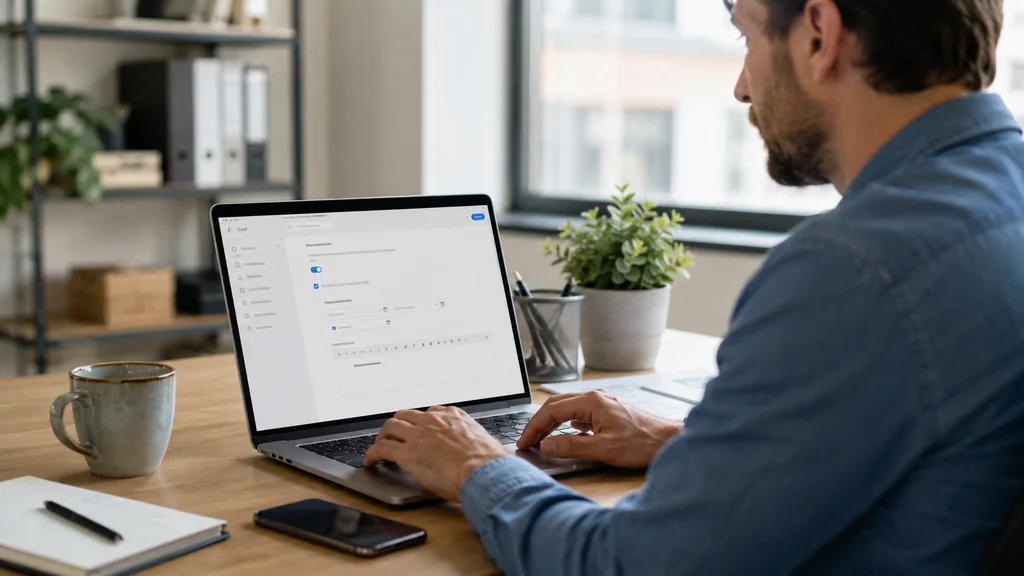 Personne configurant un message d’absence Gmail avec dates, objet et réponse automatique sur ordinateur