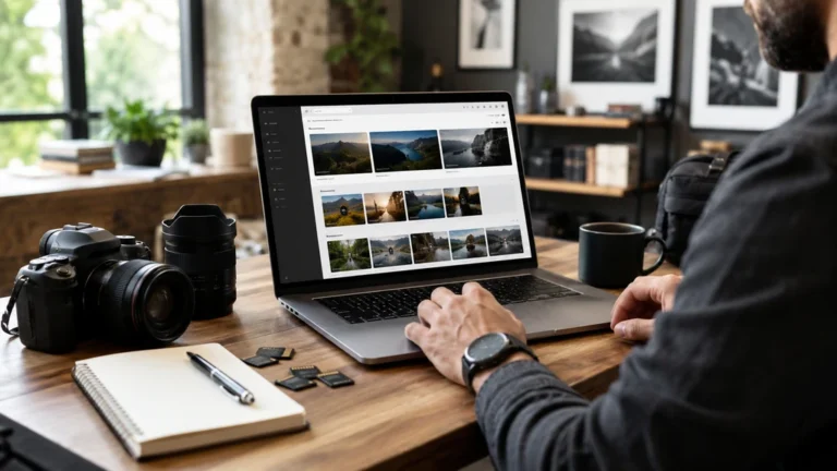 Photographe organisant une galerie photo WordPress sur ordinateur dans un espace de travail moderne