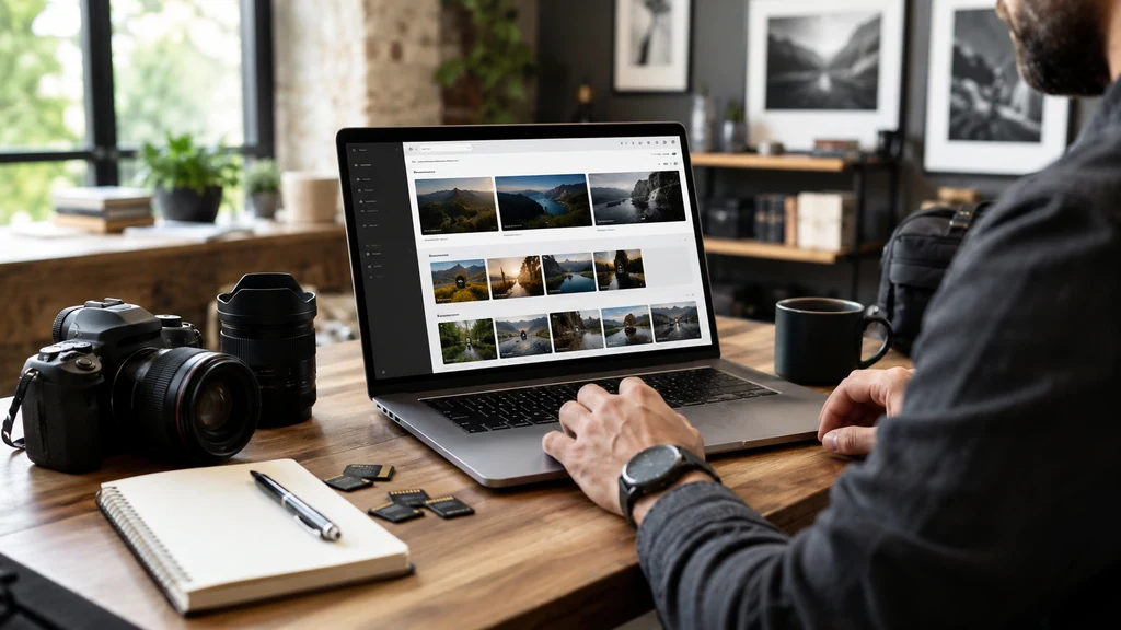Photographe organisant une galerie photo WordPress sur ordinateur dans un espace de travail moderne