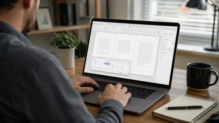 Utilisateur ajoutant une numérotation de pages dans un document Word sur un ordinateur portable