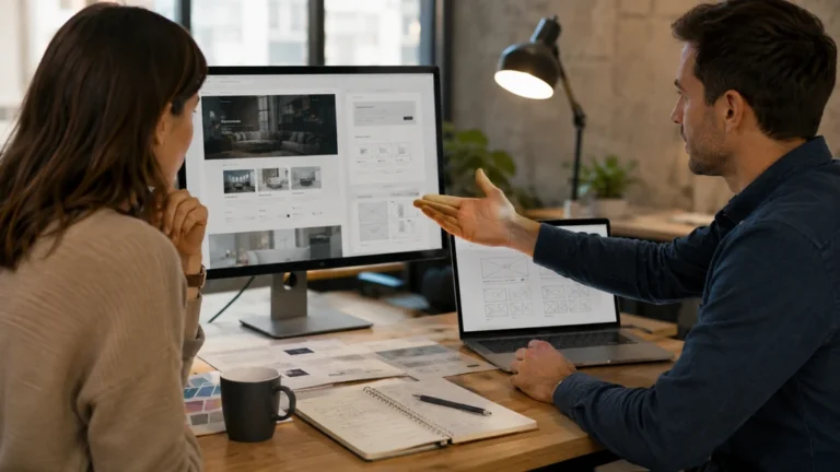 Consultant web présentant le prix d’un site vitrine professionnel lors d’un rendez-vous client