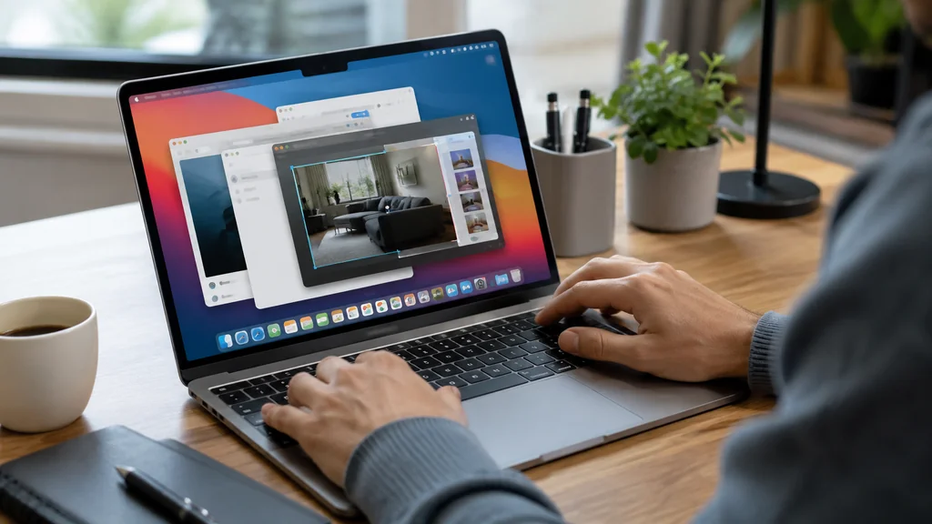 Utilisateur travaillant rapidement sur un MacBook avec plusieurs fenêtres ouvertes grâce aux raccourcis clavier Mac