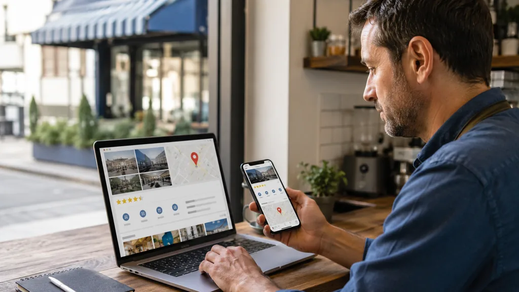 Personne optimisant la fiche Google Business Profile d’une entreprise locale avec carte, avis clients et photos professionnelles