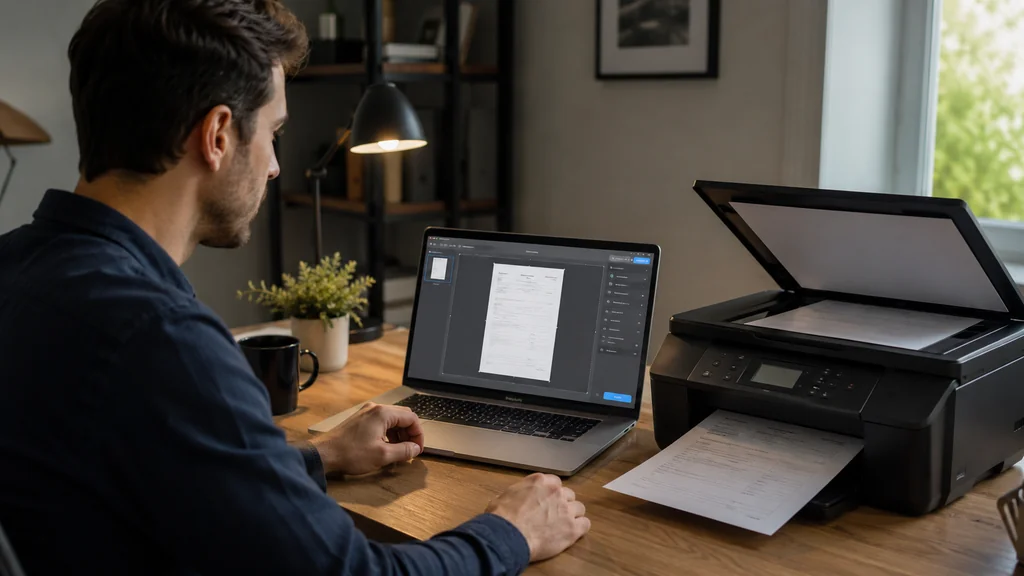 Personne numérisant un document sur Mac avec une imprimante scanner dans un bureau moderne