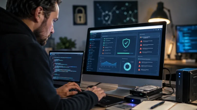 Expert en cybersécurité nettoyant un site WordPress piraté depuis un tableau de bord de sécurité informatique
