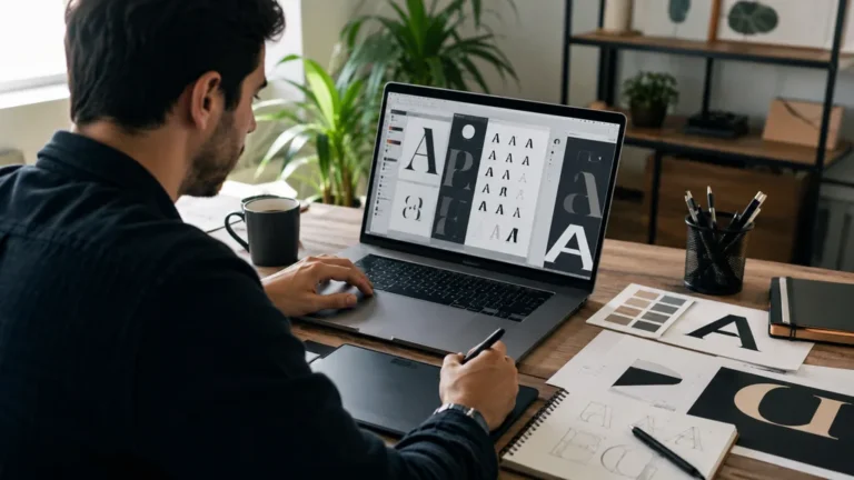 Graphiste choisissant une police d’écriture sur ordinateur dans un espace de travail moderne et lumineux