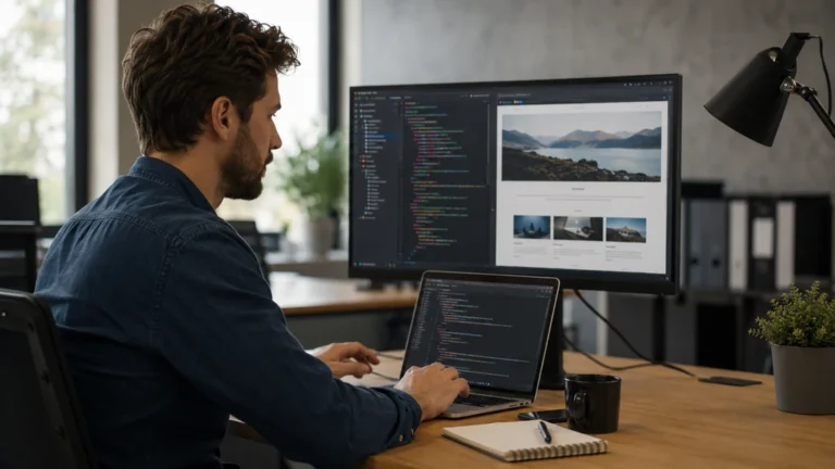 Développeur personnalisant un thème enfant WordPress sur un site web professionnel