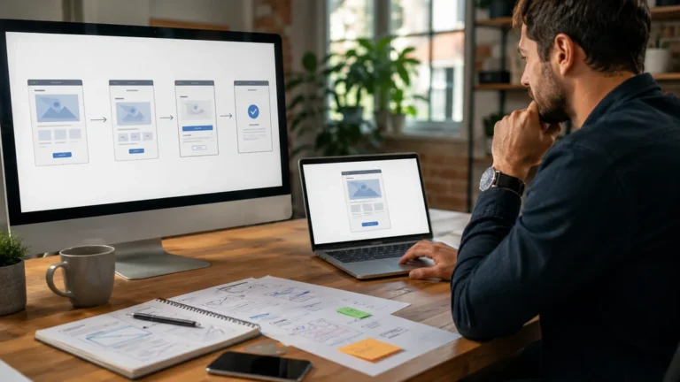 Professionnel créant un tunnel de vente WordPress sur un ordinateur dans un bureau moderne