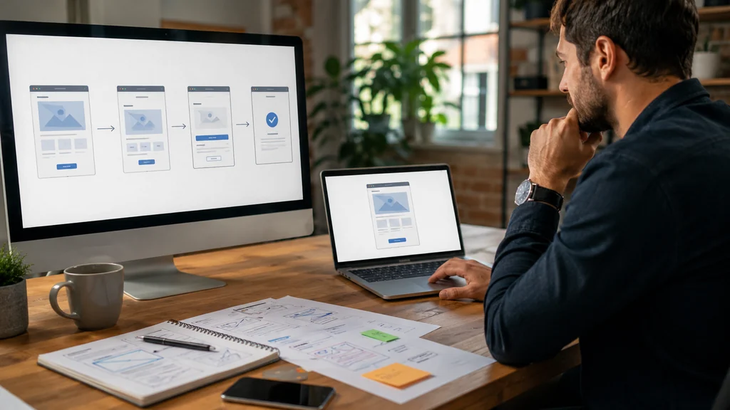 Professionnel créant un tunnel de vente WordPress sur un ordinateur dans un bureau moderne