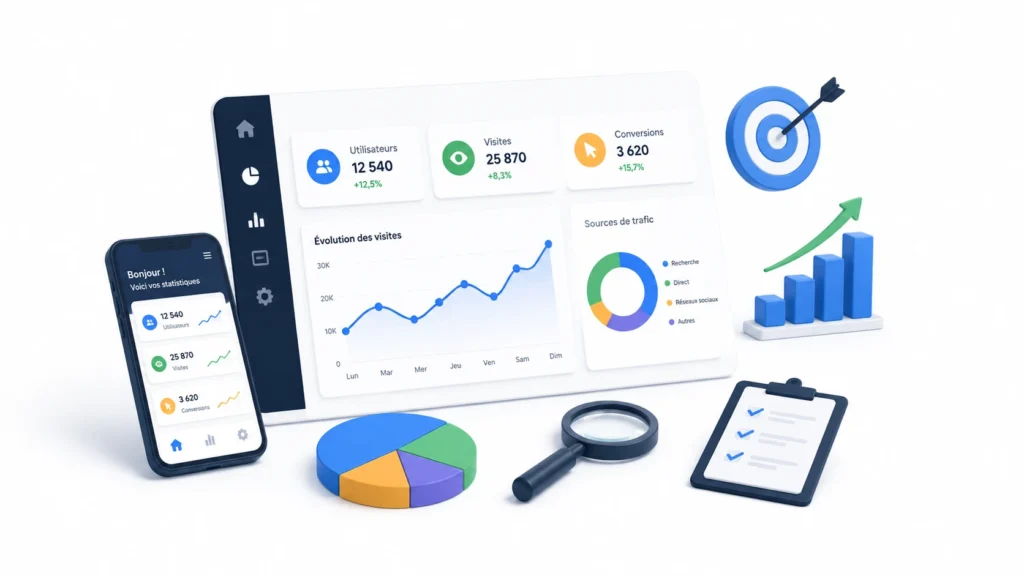 Illustration d’un tableau de bord numérique avec statistiques, graphiques et outils d’analyse web
