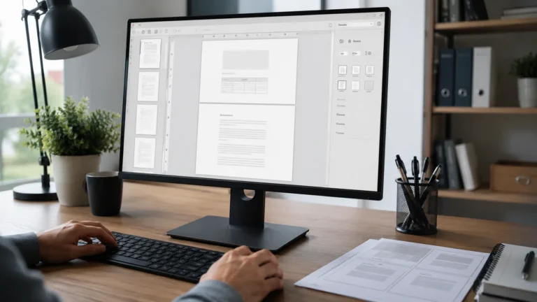 Personne travaillant sur un document Word avec mise en page professionnelle sur un écran d’ordinateur