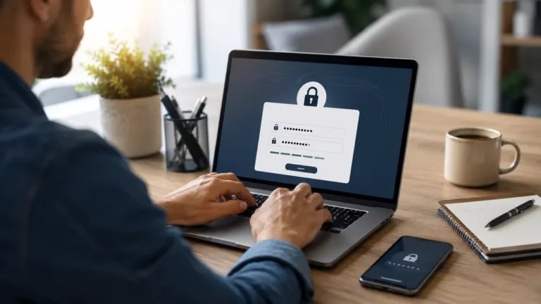 Utilisateur réinitialisant un mot de passe sécurisé sur ordinateur dans un bureau moderne