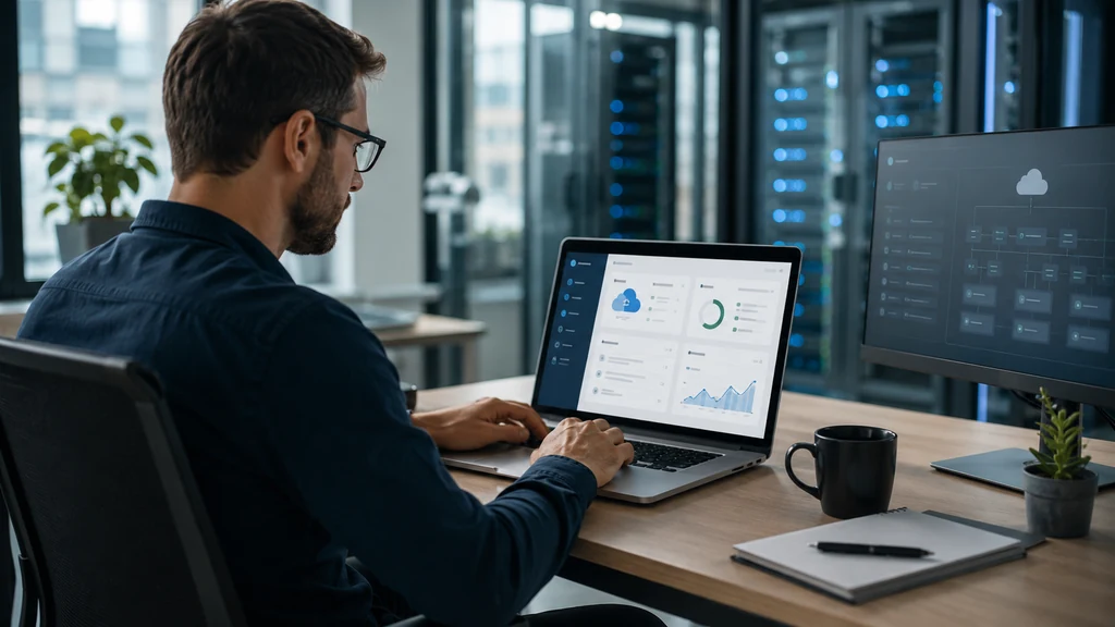 Administrateur web consultant un tableau de bord d’hébergement cloud dans un bureau technique moderne