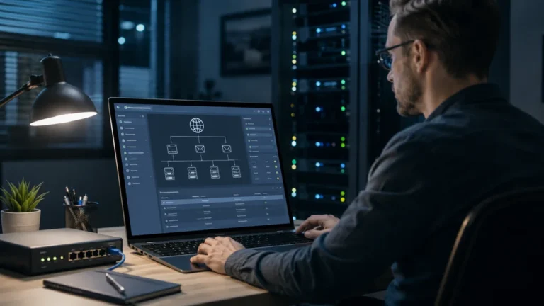Administrateur configurant une zone DNS avec serveurs, domaine, emails et enregistrements techniques sur ordinateur