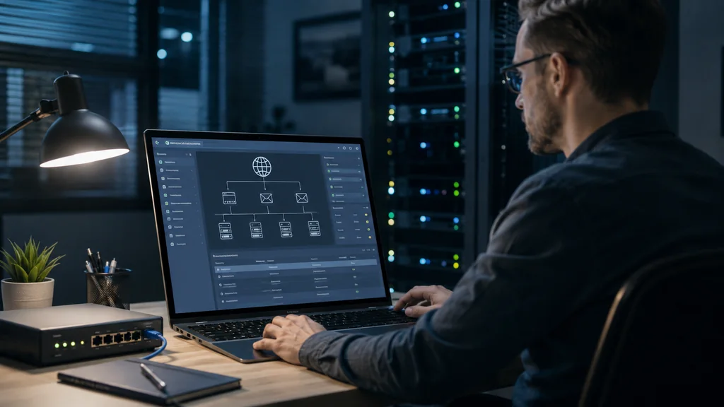 Administrateur configurant une zone DNS avec serveurs, domaine, emails et enregistrements techniques sur ordinateur