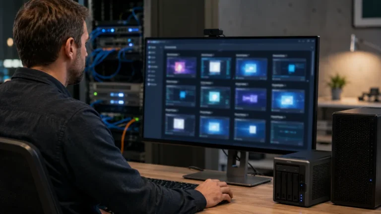 Administrateur informatique supervisant plusieurs machines virtuelles sur un serveur de virtualisation