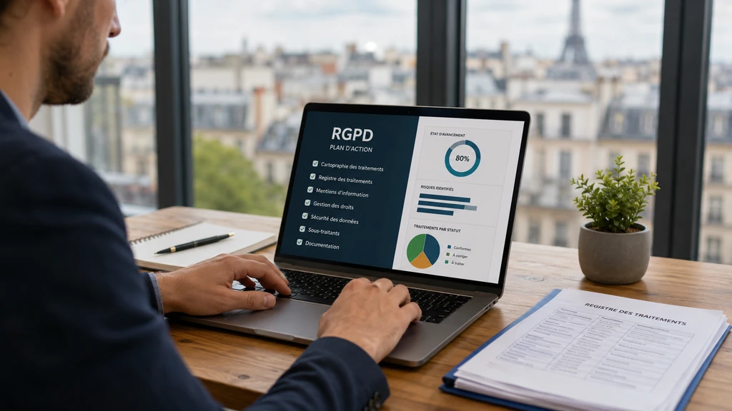 Consultant préparant un accompagnement RGPD pour une entreprise parisienne depuis un bureau moderne