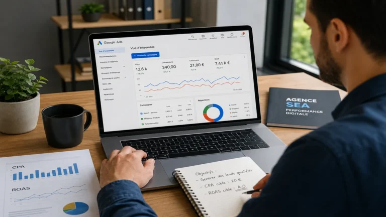 Consultant analysant les performances de campagnes Google Ads dans une agence SEA