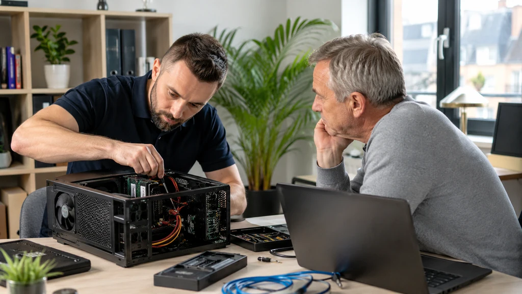 Technicien d’Assistance Informatique 76 réparant un ordinateur devant son propriétaire à Rouen