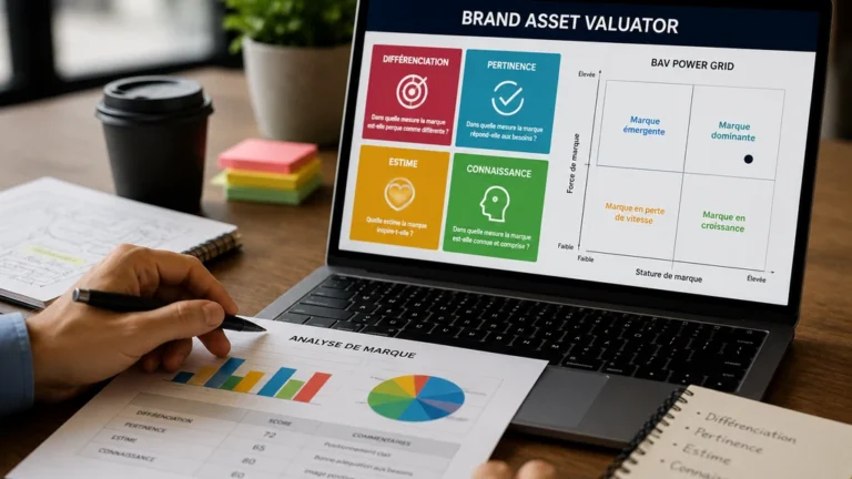 Responsable marketing analysant les quatre piliers du Brand Asset Valuator et le positionnement d’une marque