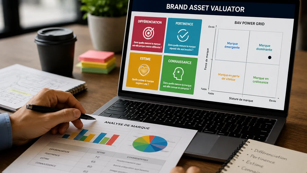 Responsable marketing analysant les quatre piliers du Brand Asset Valuator et le positionnement d’une marque