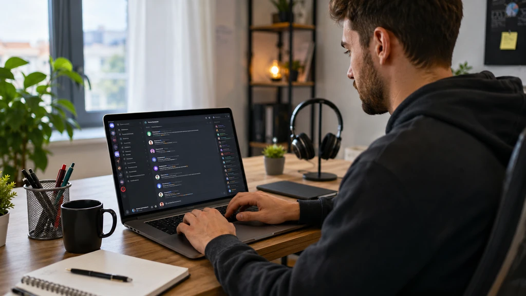 Administrateur travaillant sur la promotion et l’animation de son serveur Discord depuis un ordinateur portable