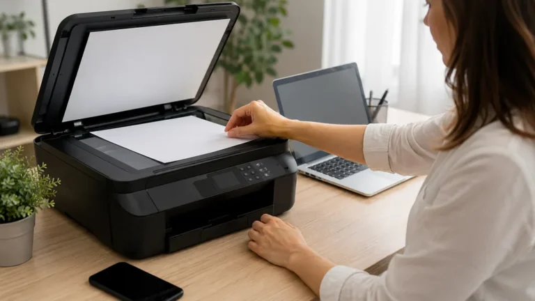 Personne scannant un document avec une imprimante Canon dans un bureau moderne