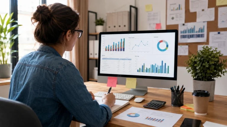 Community manager freelance analysant les performances des réseaux sociaux depuis son bureau