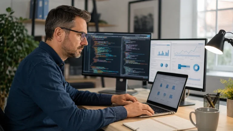 Consultant SEO et développeur web analysant le code et les performances techniques d’un site internet