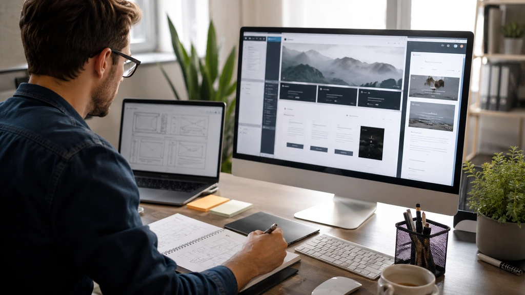 Consultant UX analysant des maquettes et des parcours utilisateurs dans un bureau moderne