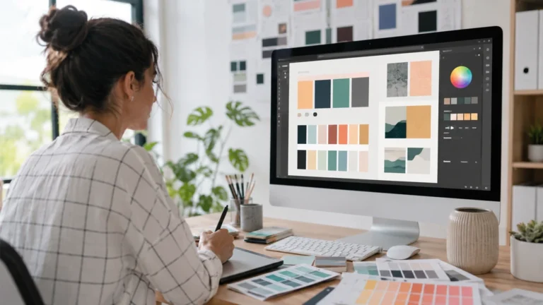 Graphiste créant une palette de couleurs cohérente pour une charte graphique professionnelle