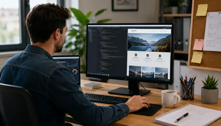 Webmaster travaillant sur le développement et la conception d’un site web depuis son bureau