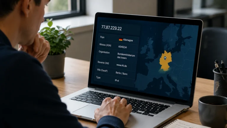 Utilisateur analysant la géolocalisation de l’adresse IP 77.87.229.22 en Allemagne