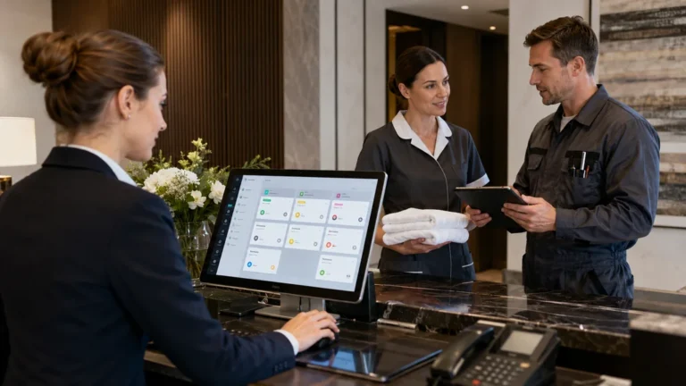 Équipe d’un hôtel coordonnant les tâches de réception, de housekeeping et de maintenance avec Dmbook