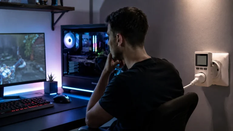 Joueur PC observant la consommation électrique de son ordinateur gamer avec un wattmètre branché