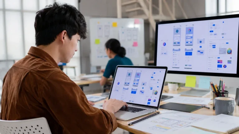 Apprenant suivant une formation Figma et concevant une interface mobile dans un espace de travail moderne